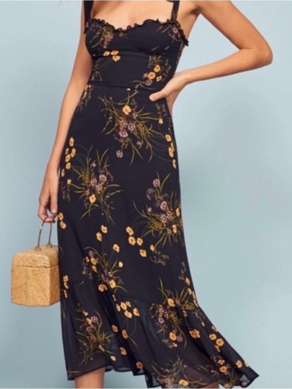 Reformation Black Floral Midi Dress with Yellow & Purple Accents